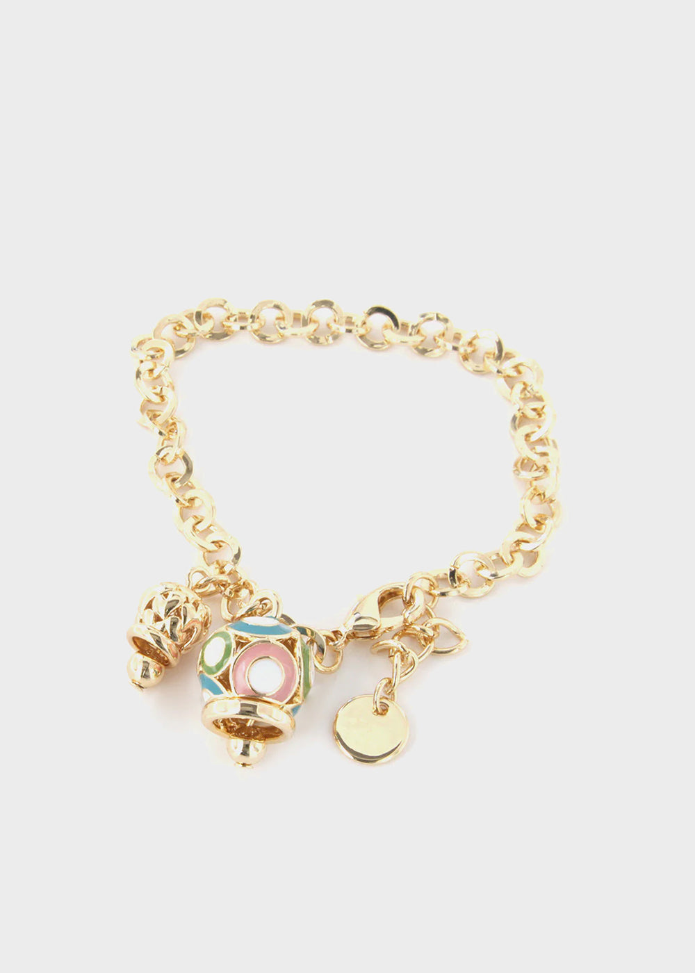 Bracciale in Metallo color oro con campana colorata e campanella traforata a cuori
