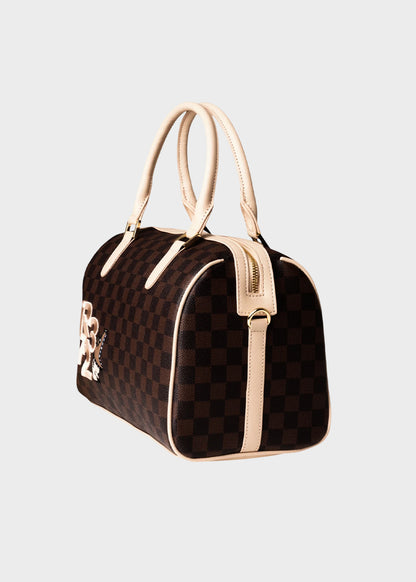 Borsa a mano con tracolla, logo ricamato frontale e trama a scacchi, "Limited Edition"