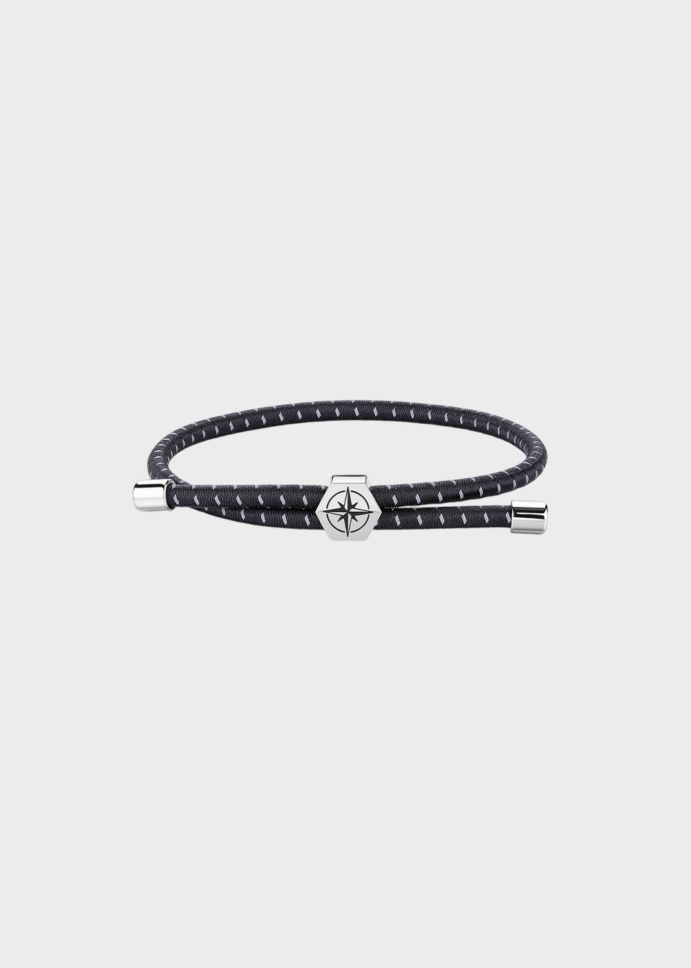 Bracciale Panama in cordino elastico nero con dettagli in acciaio e centrale con rosa dei venti