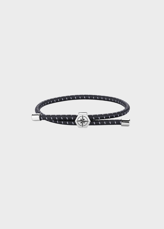 Bracciale Panama in cordino elastico nero con dettagli in acciaio e centrale con rosa dei venti