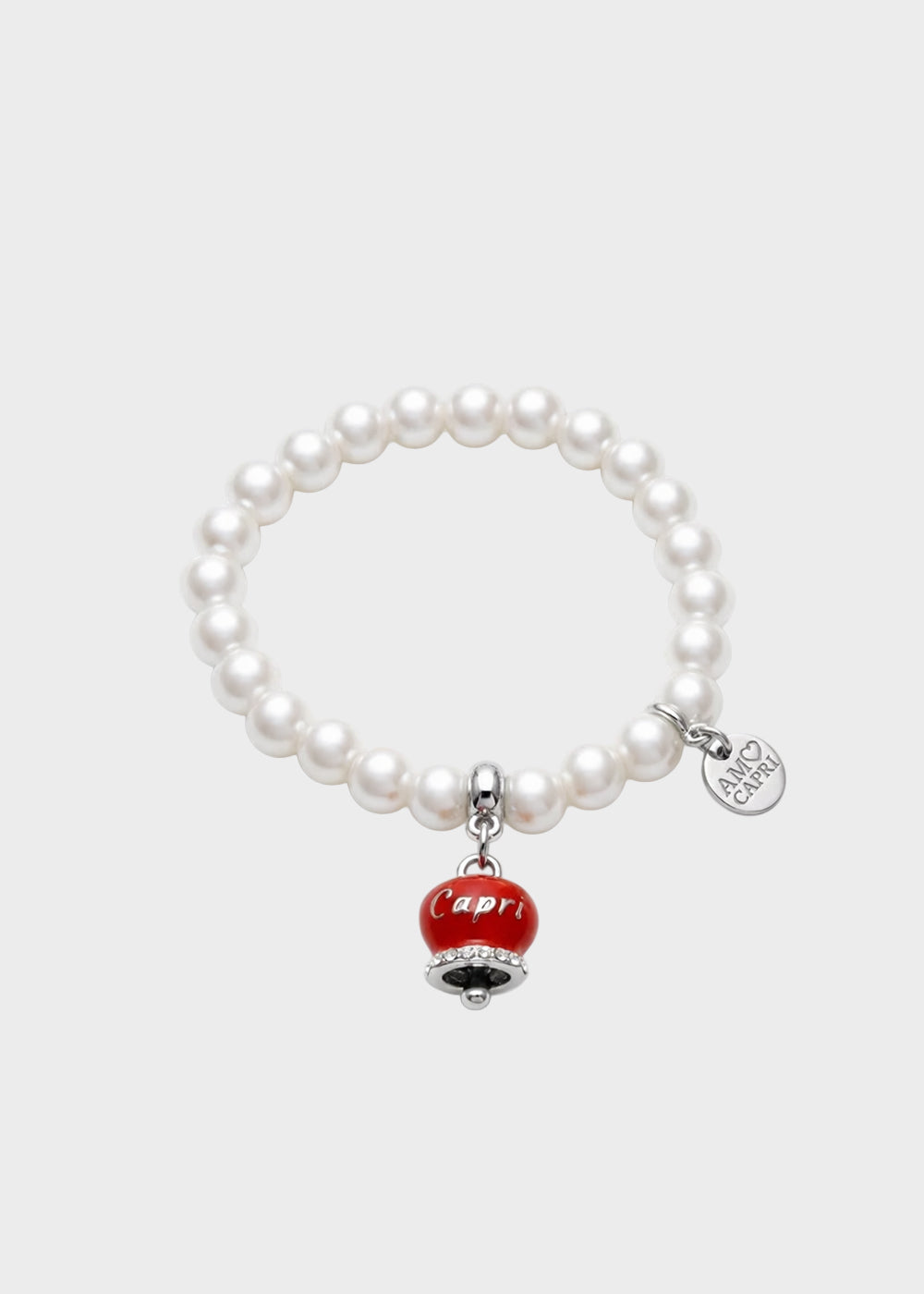 Bracciale in Acciaio con perle e campanella portafortuna in smalto rosso con scritta Capri-1