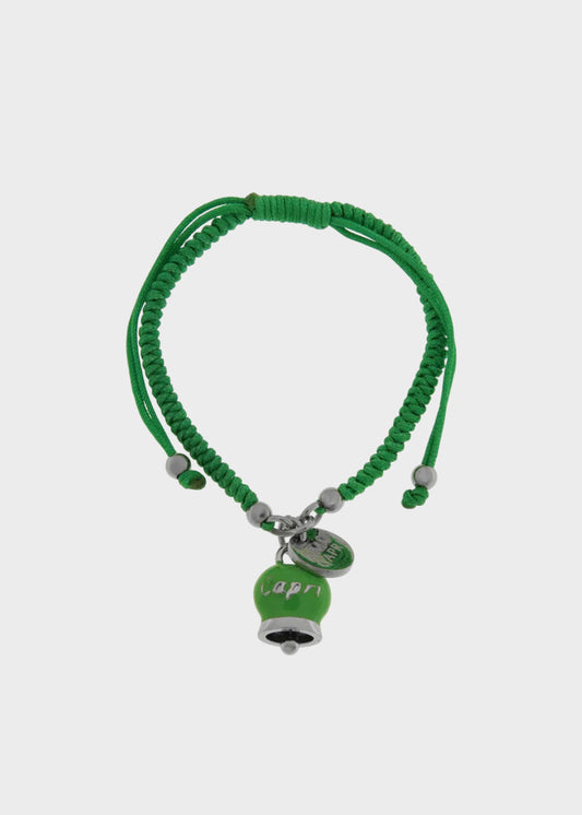 Bracciale in tessuto e Acciaio con Campanella Portafortuna Verde