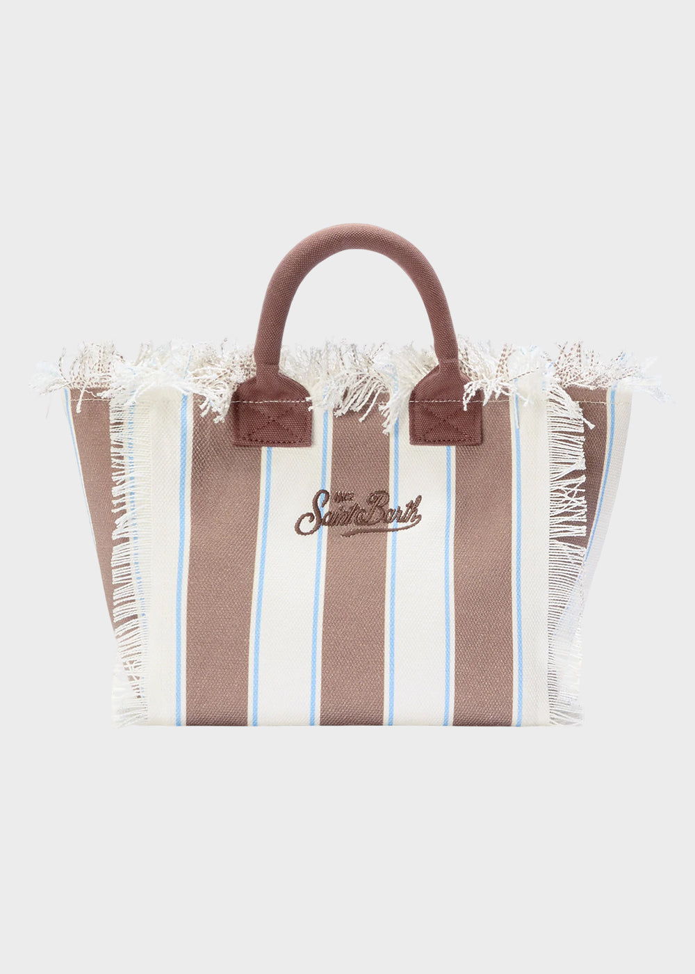 Borsa da mare media Colette in canvas a righe marroni con logo ricamato e tracolla