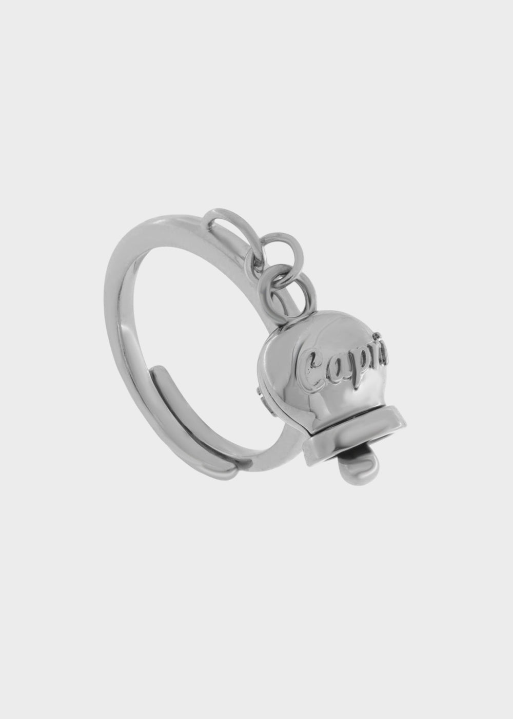 Anello in Acciaio color argento con campanella pendente argento con scritta Capri