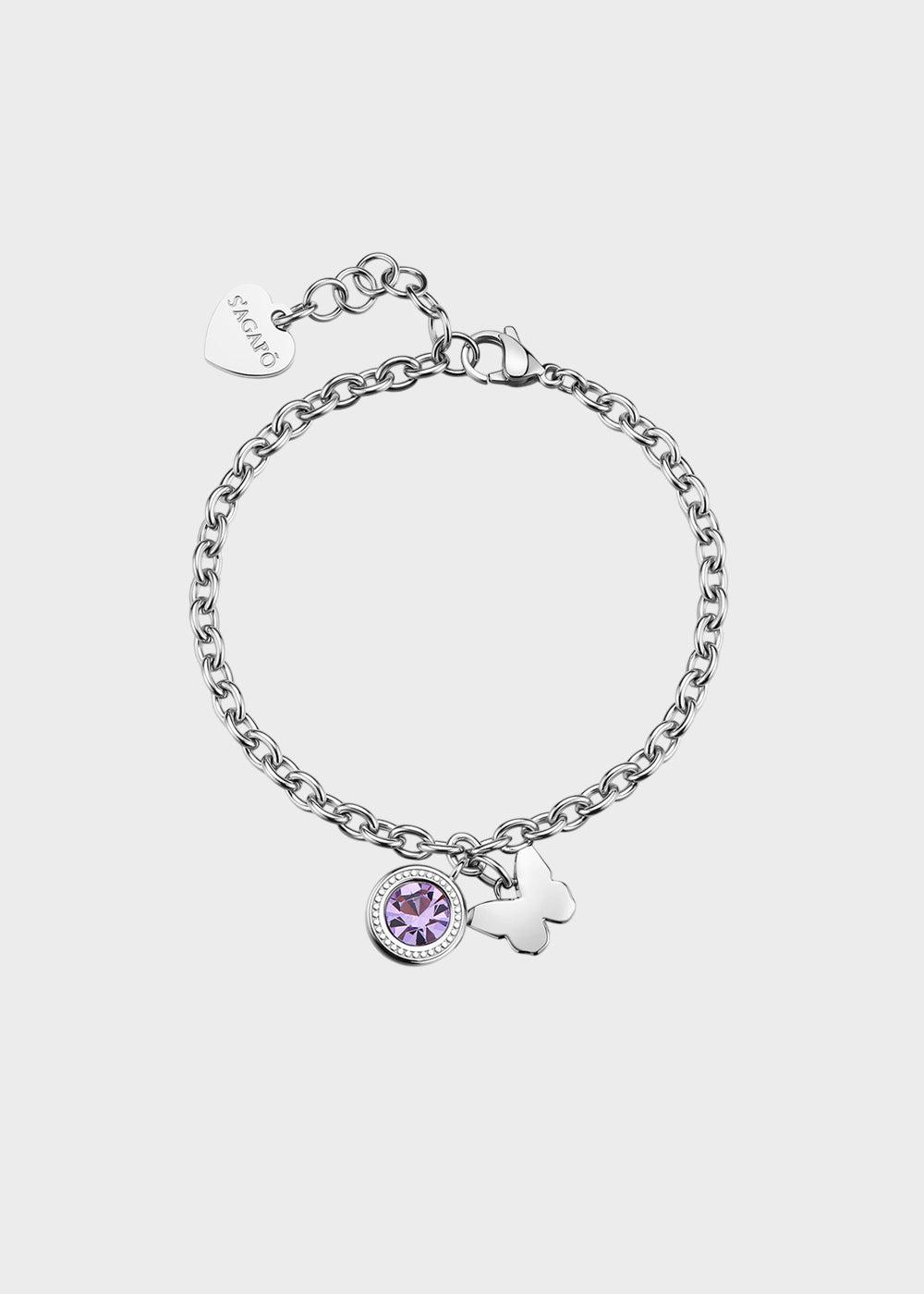 Bracciale catena Lucky Light in acciaio con cristallo viola e pendente a forma di farfalla