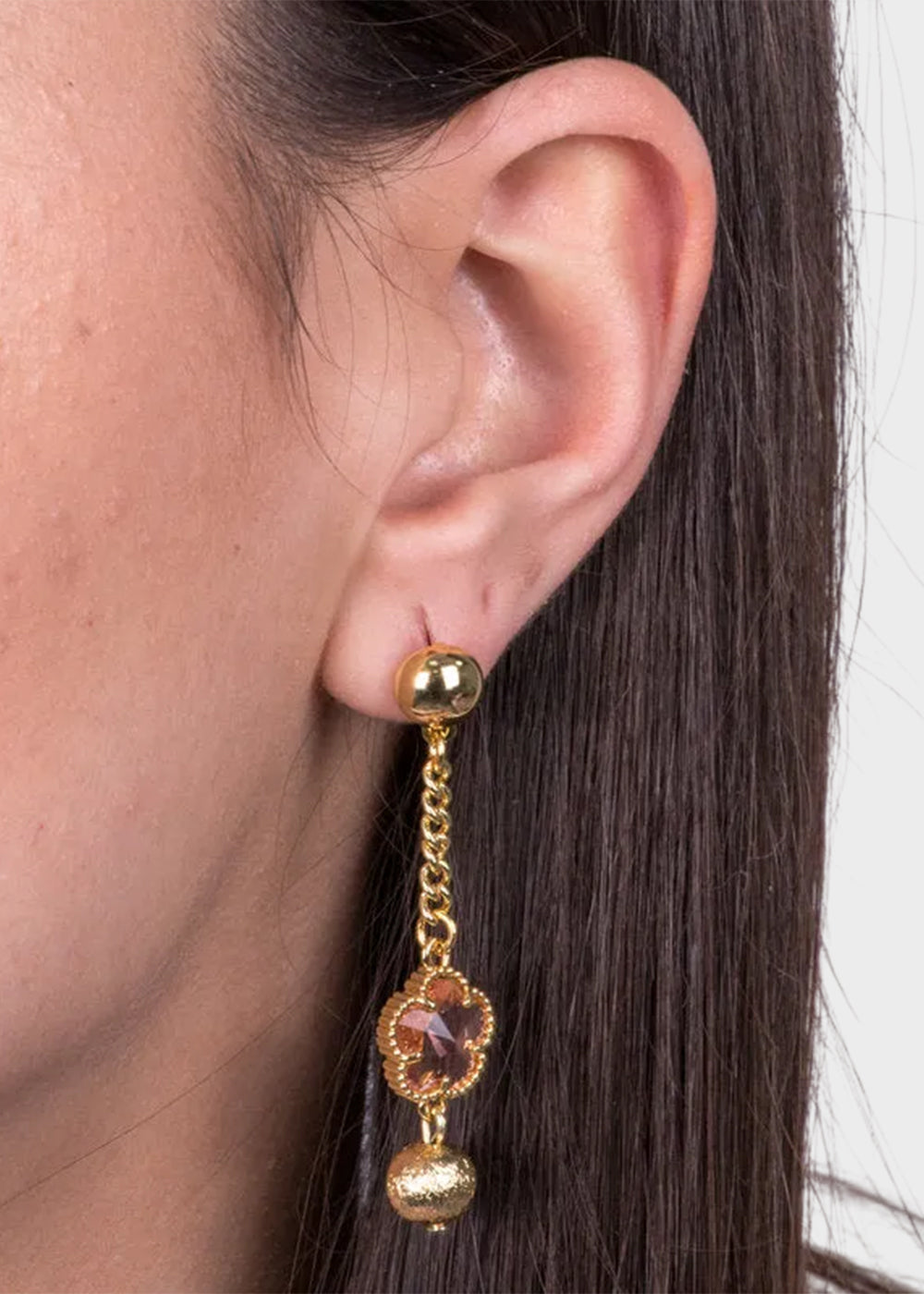 Orecchini pendenti in Metallo color oro con fiore rosa e sfere