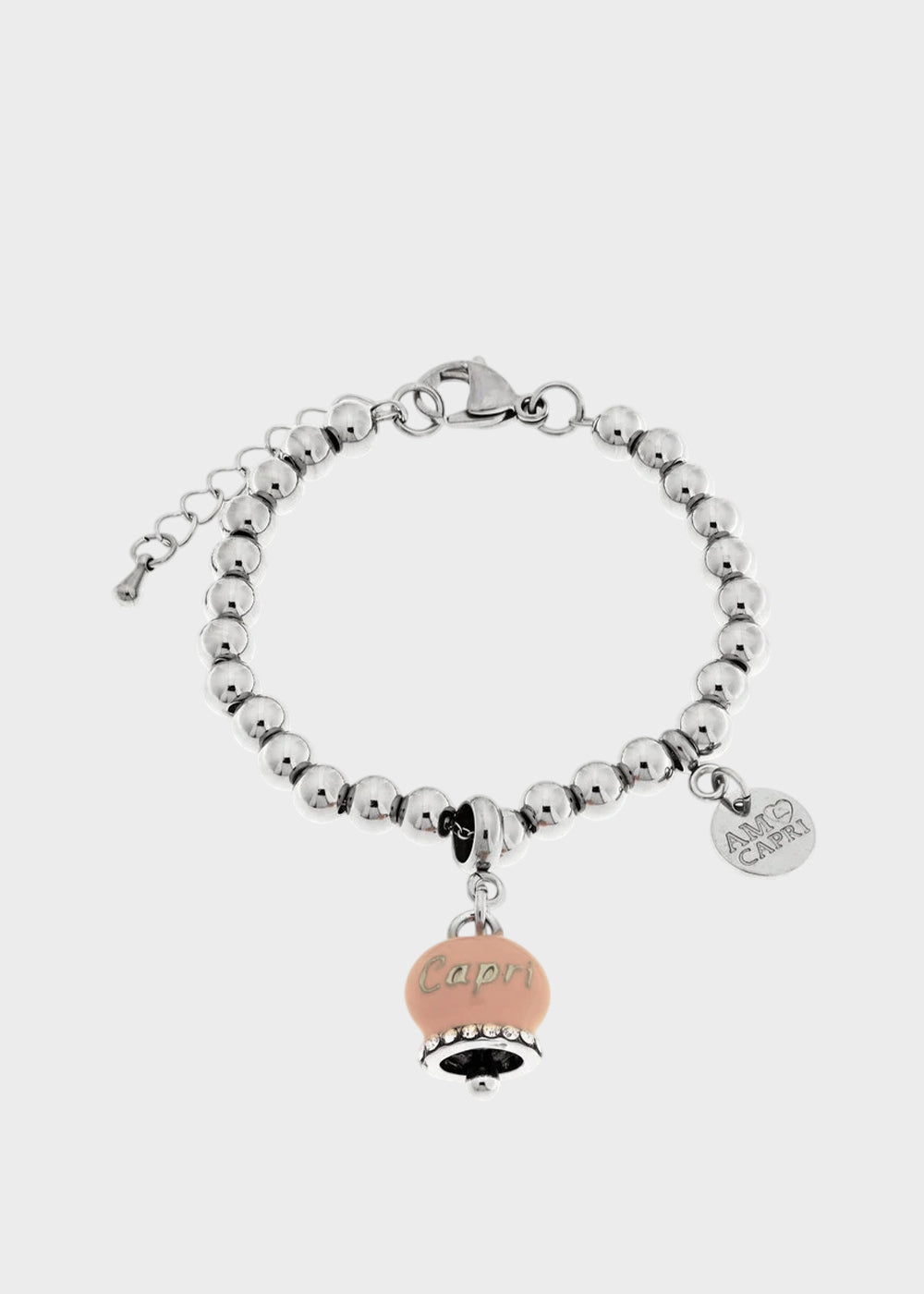 Bracciale in Acciaio a sfere color argento con campanella rosa  con scritta Capri