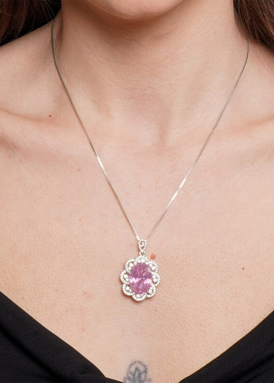 Collana in Metallo color argento con zircone rosa centrale