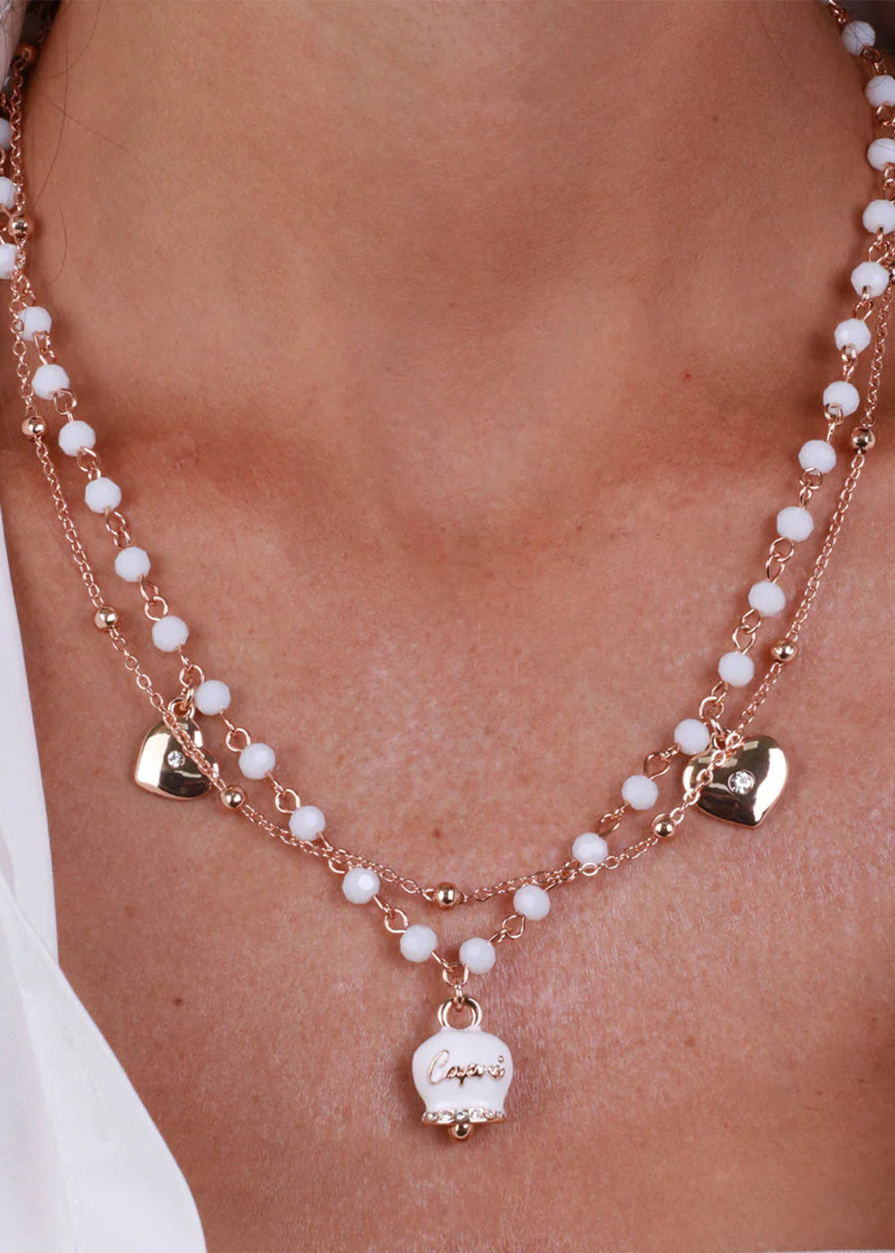 Collana in Metallo multifilo color oro con pietre bianche e campanella Capri bianca-2
