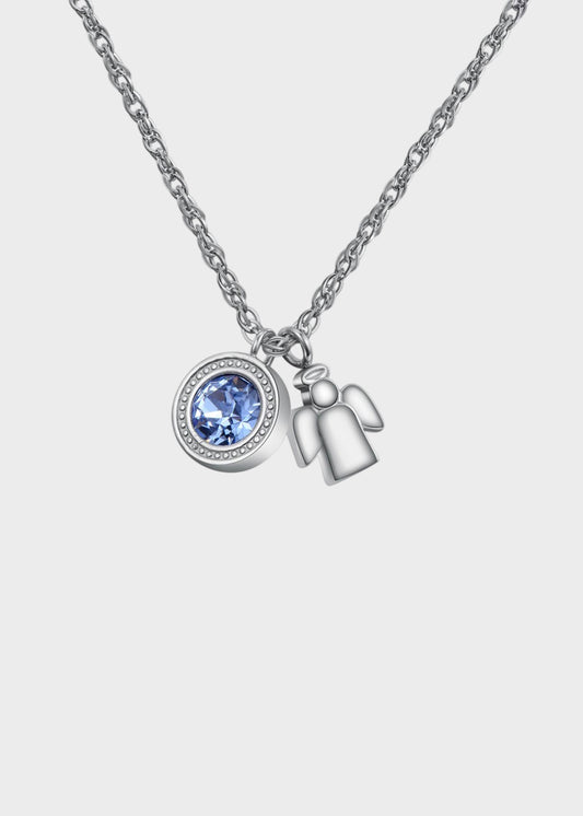 Collana Lucky Light girocollo in acciaio con cristallo Swarovski© azzurro e pendente a forma di angelo