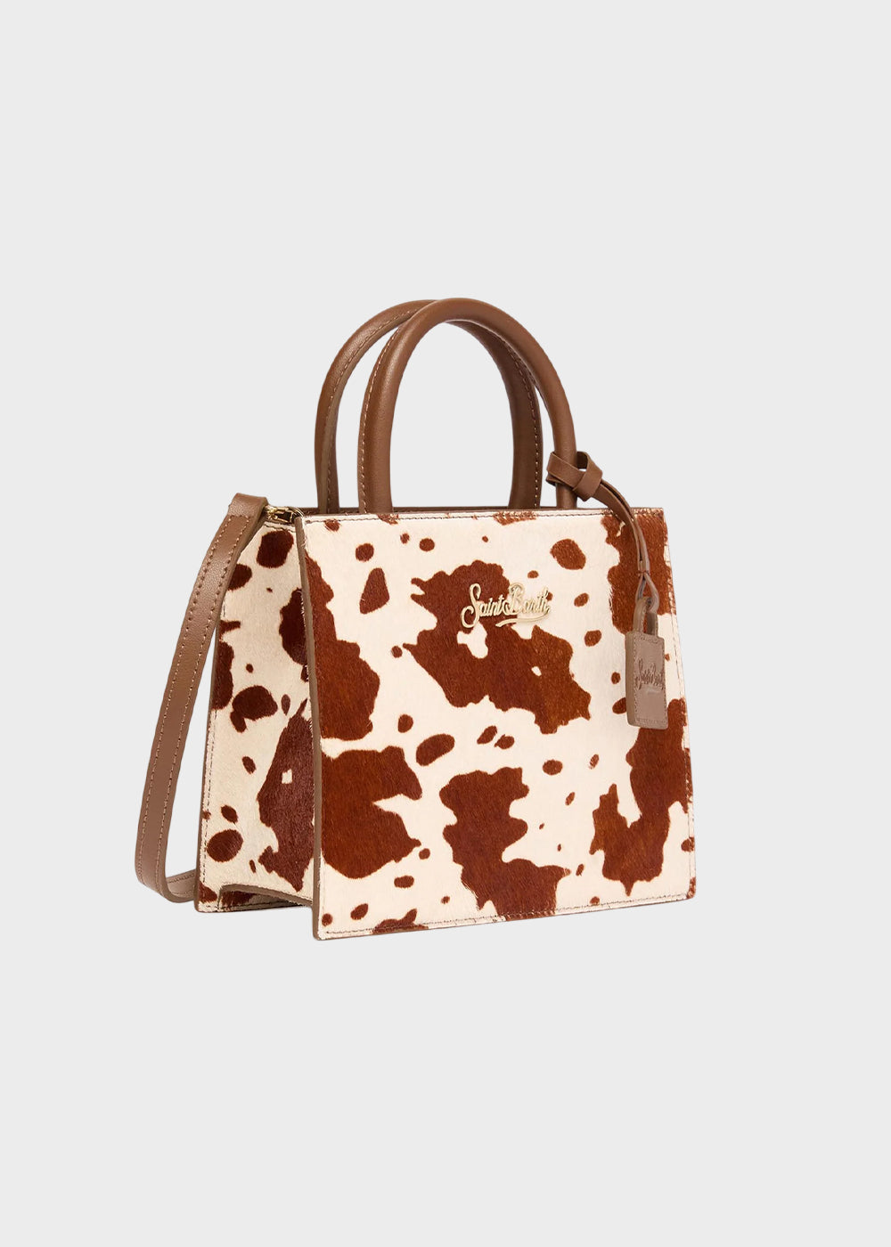 Borsetta a mano piccola Shop Bag Mini Cow Brushed in pelle effetto pelo con tracolla e logo metallico