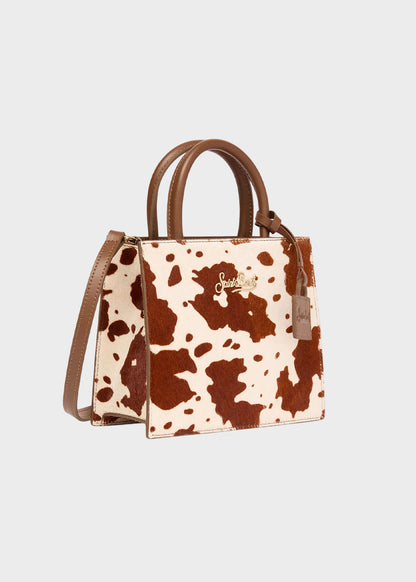 Borsetta a mano piccola Shop Bag Mini Cow Brushed in pelle effetto pelo con tracolla e logo metallico