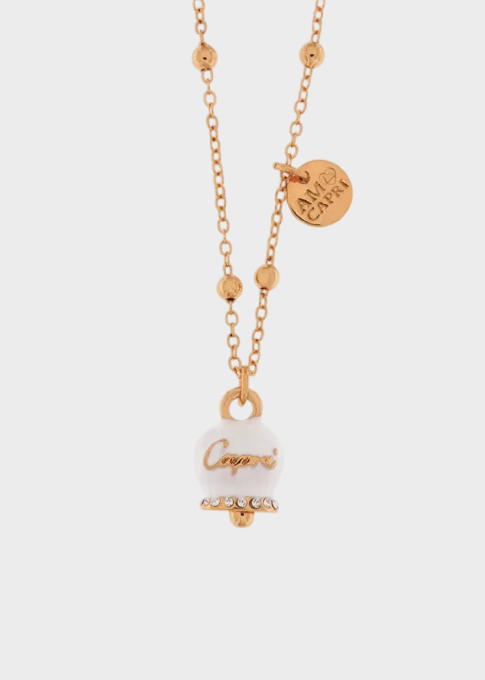 Collana in Metallo color oro rosa con campanella Capri bianca e cristalli