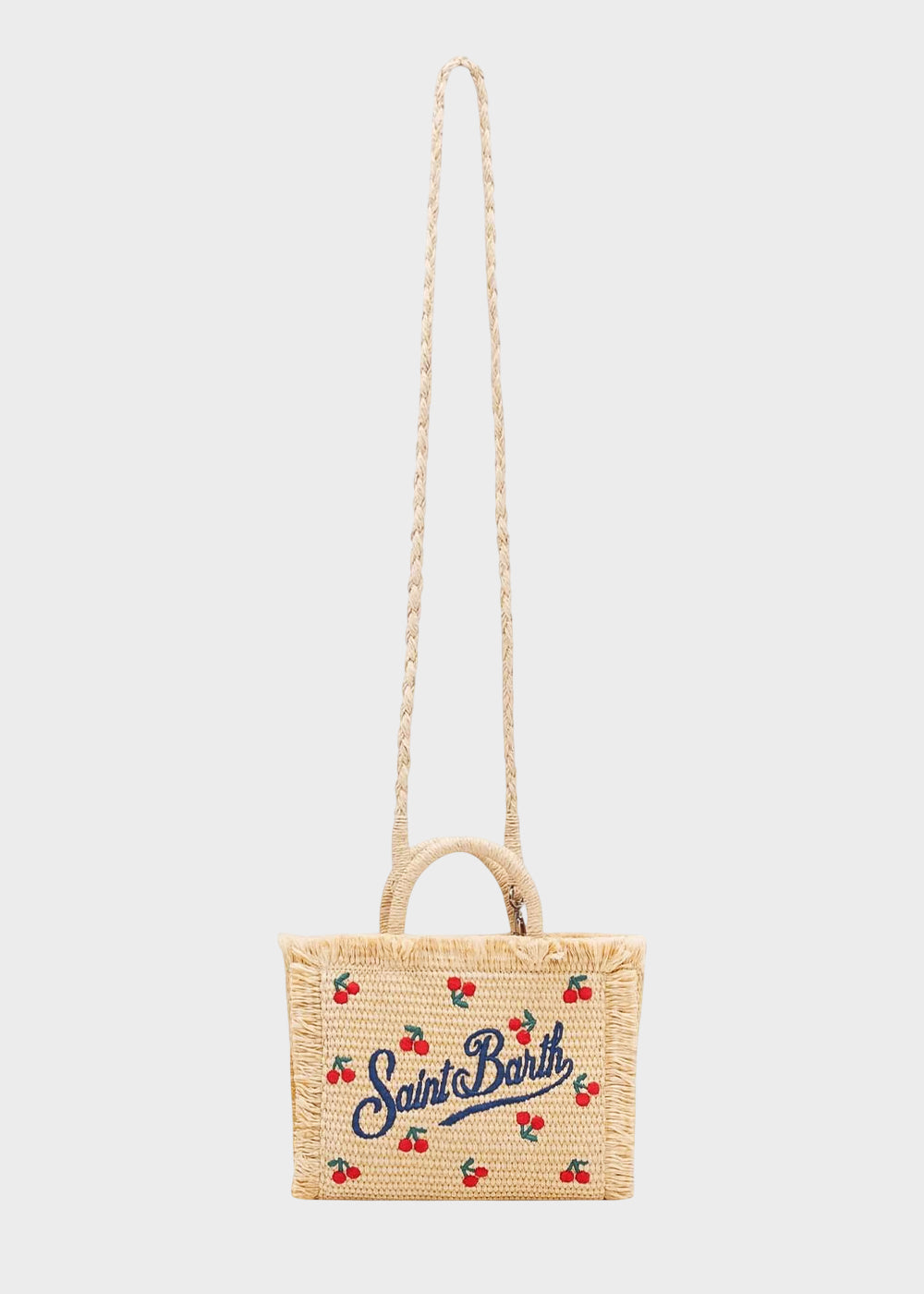 Borsetta da mare piccola Vanity Mini Cherry con tracolla in tessuto effetto paglia