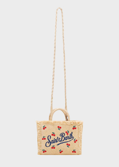 Borsetta da mare piccola Vanity Mini Cherry con tracolla in tessuto effetto paglia