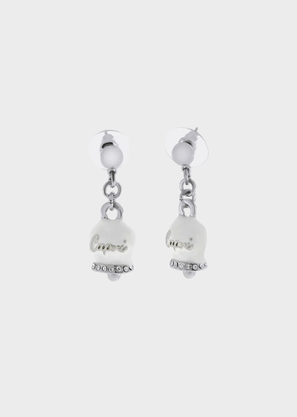 Orecchini in Metallo color argento con campanella Capri bianca e cristalli