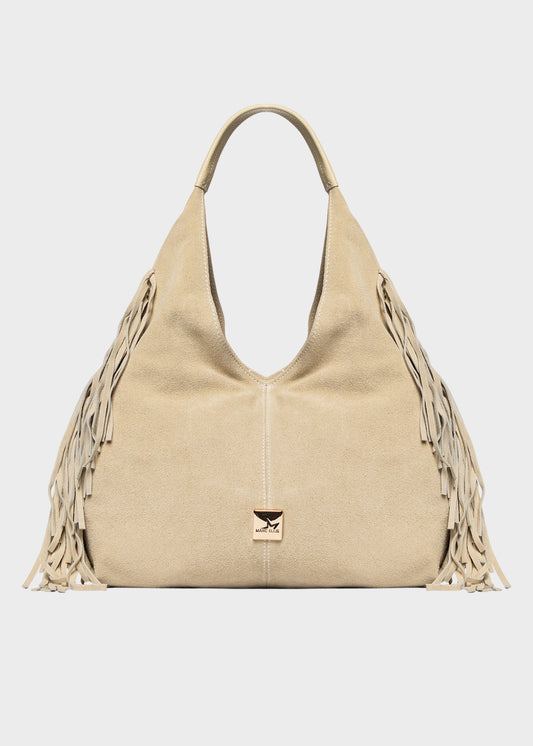 Borsa a spalla Reanna S con frange, in pelle scamosciata