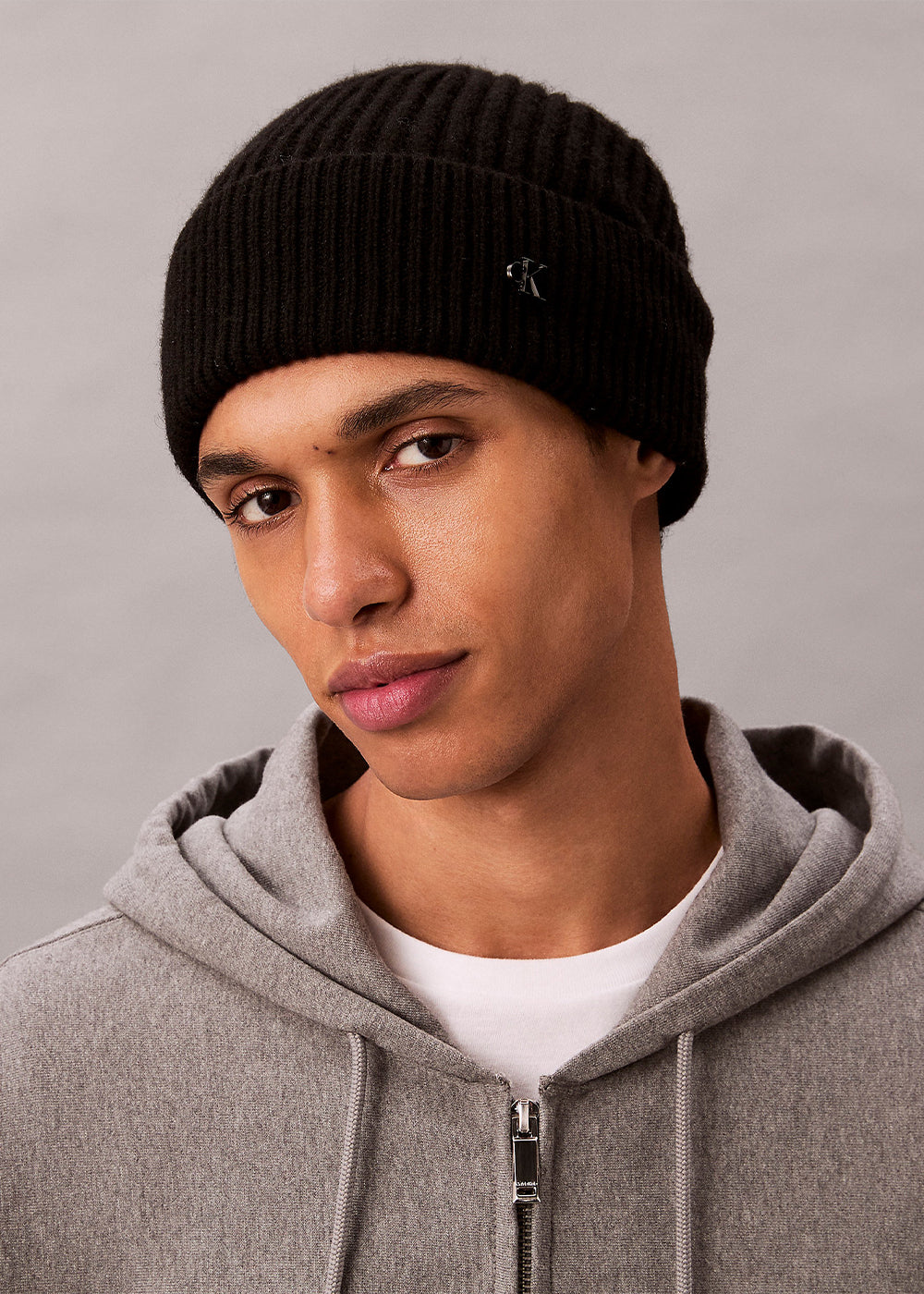 Black wool blend logo beanie