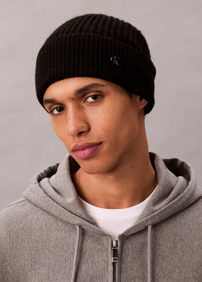 Black wool blend logo beanie