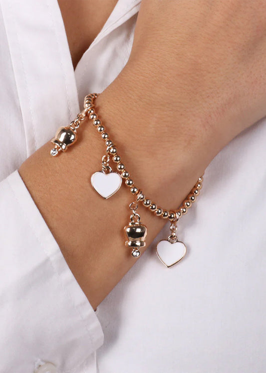 Bracciale in Metallo multi ciondoli color oro a forma di campanella e cuori in smalto bianco