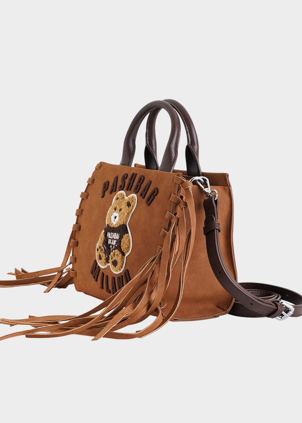 Borsa a mano Mini Marge in camoscio sintetico con tracolla, frange e applicazione orsetto centrale Teddy-2
