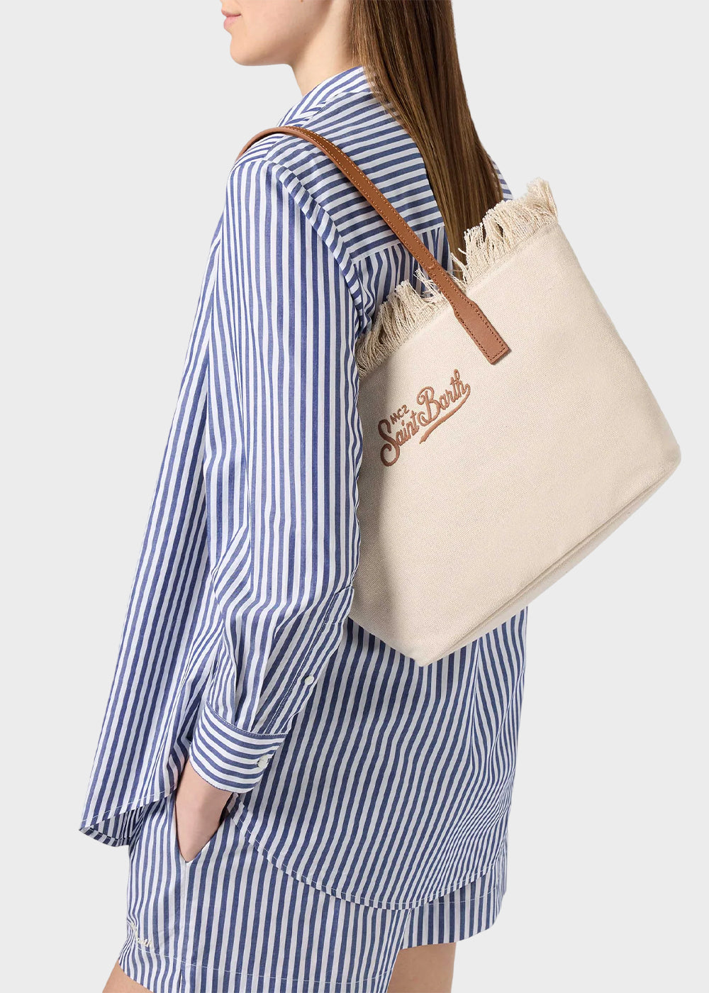 Borsa shopper City media in tessuto con frange