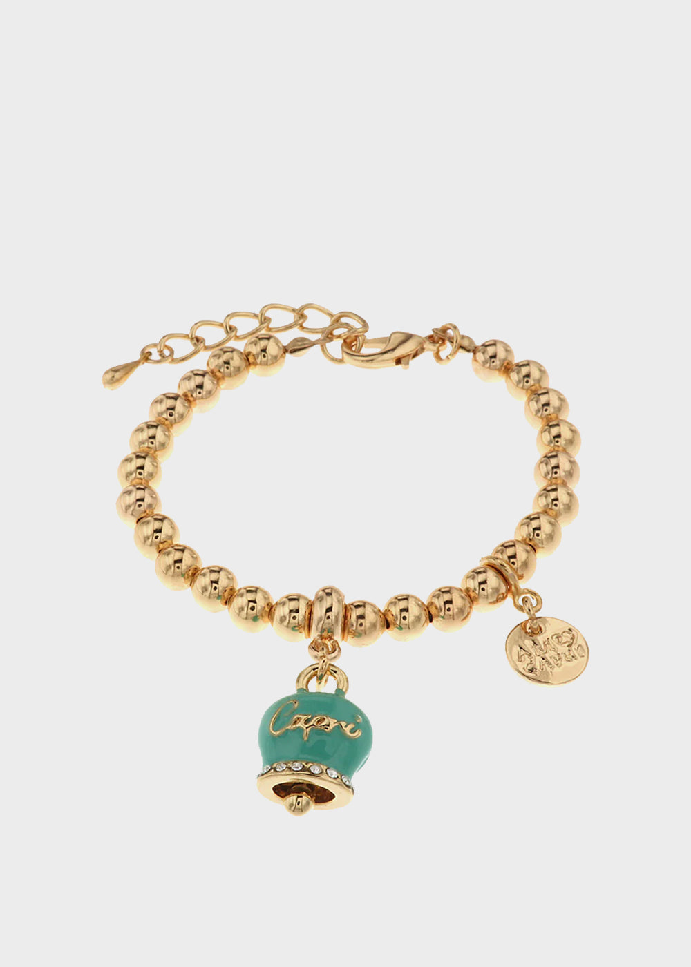 Bracciale in Metallo color oro con maglia a sfere e campanella Capri turchese