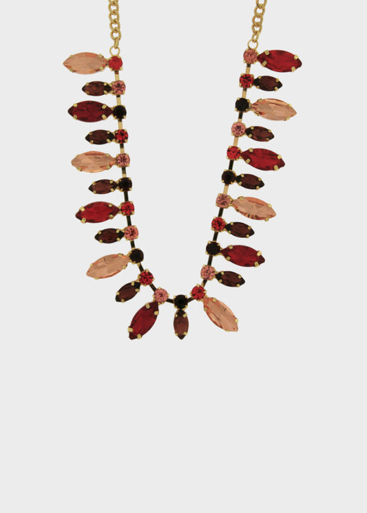 Collana in Metallo color oro con pietre a foglia rosso e rosa