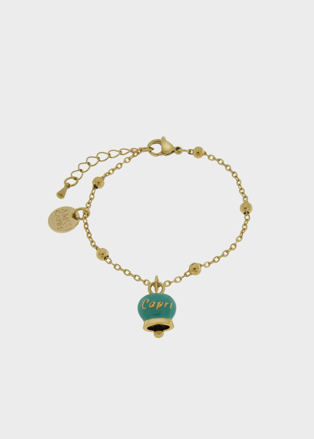 Bracciale in Acciaio con campanella pendente verde con scritta Capri