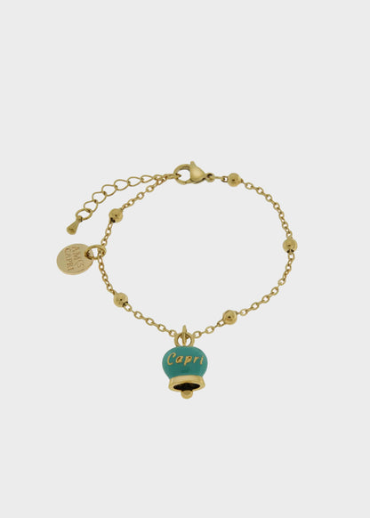 Bracciale in Acciaio con campanella pendente verde con scritta Capri