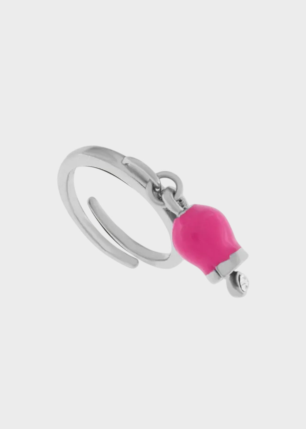 Anello in Metallo color argento con campanella portafortuna pendente fucsia e punto luce