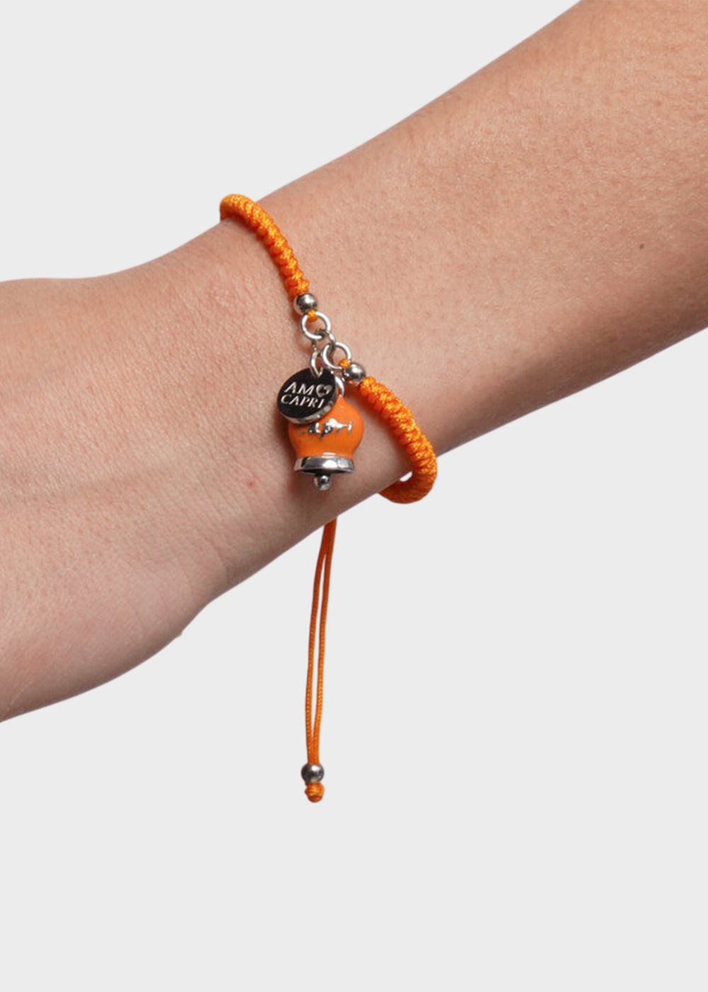 Bracciale in tessuto e Acciaio con Campanella Portafortuna Estate Mediterranea di Capri Arancione Amaranto