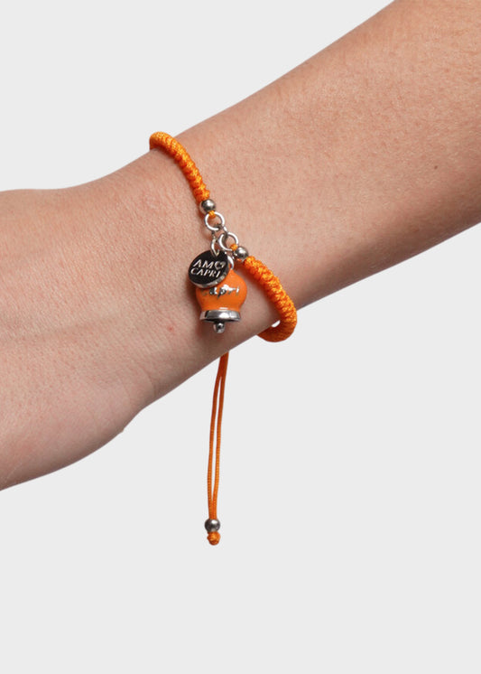 Bracciale in tessuto e Acciaio con Campanella Portafortuna Estate Mediterranea di Capri Arancione Amaranto