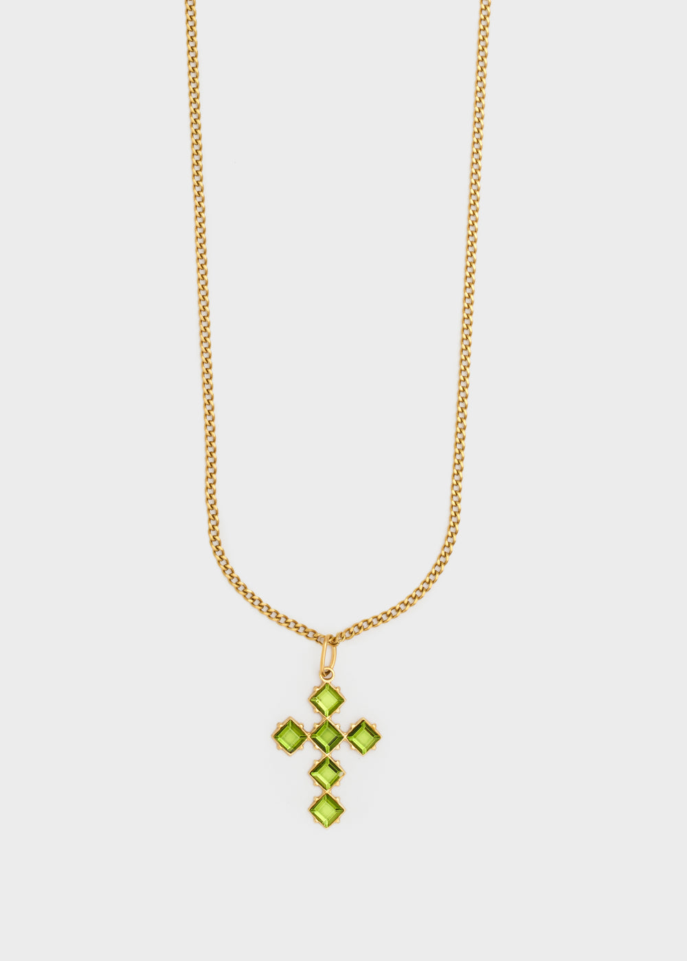 Collana croce con pietre rombi verdi, in acciaio inossidabile