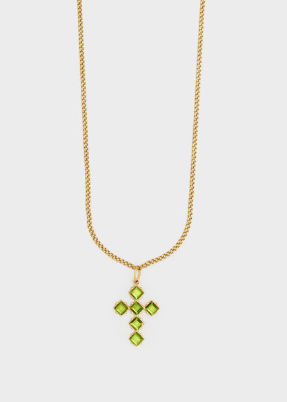 Collana croce con pietre rombi verdi, in acciaio inossidabile