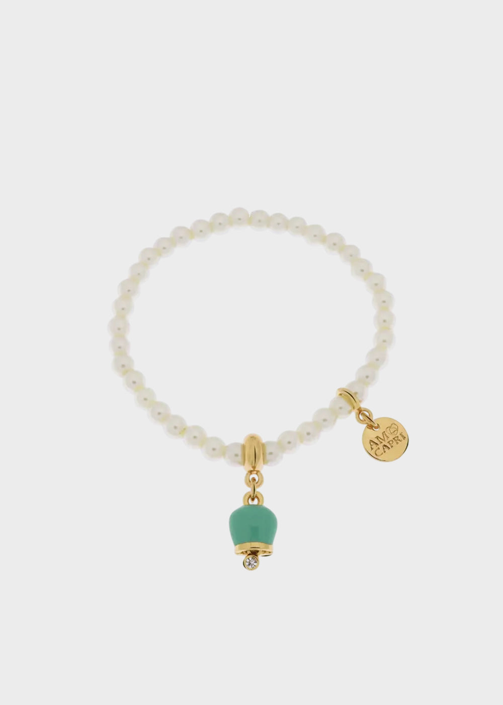 Bracciale in Metallo con perle e campanella portafortuna in smalto turchese
