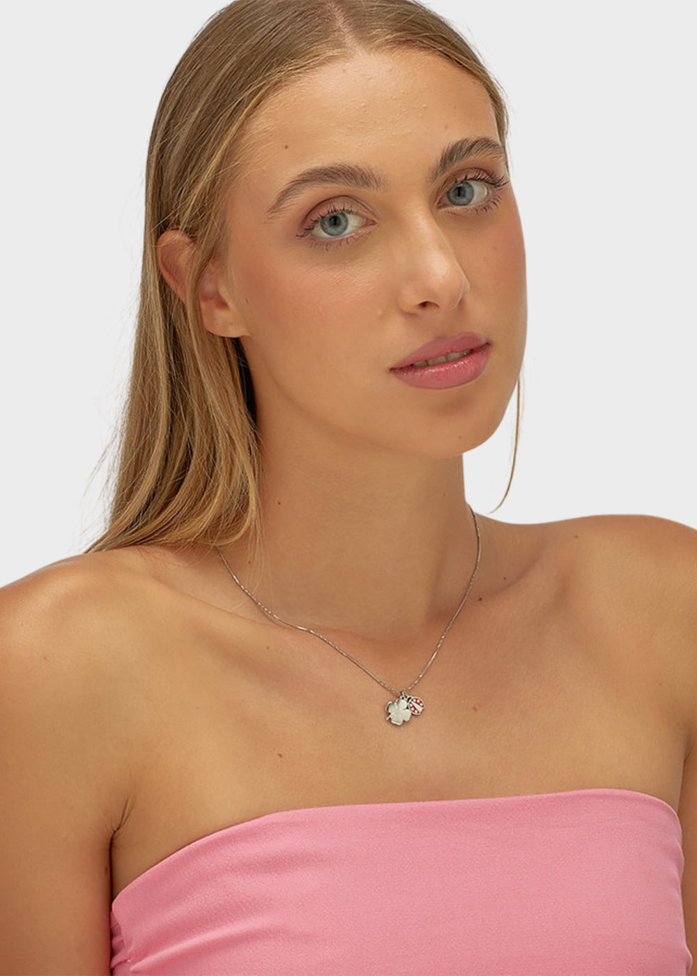 Collana girocollo Feelings in acciaio con pendenti a forma di quadrifoglio e coccinella con smalto rosso e cristalli