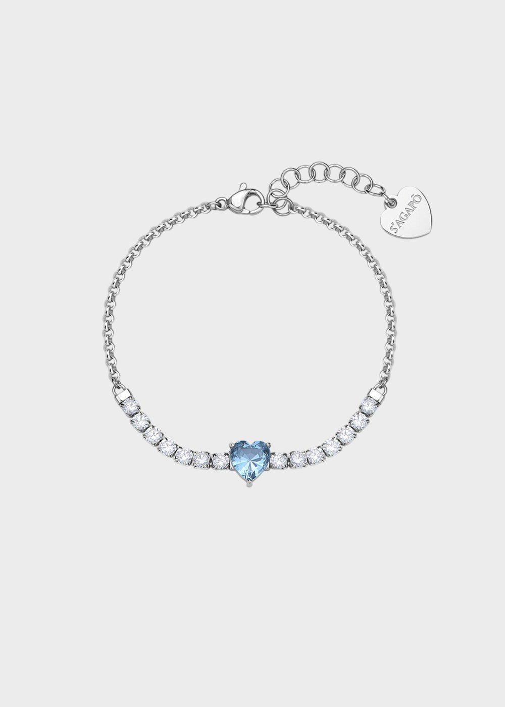 Bracciale Dazzly in acciaio con zirconi chiari e zircone centrale a forma di cuore azzurro