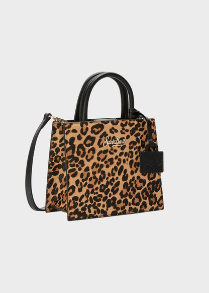Borsetta a mano piccola Shop Bag Mini Leo Brushed in pelle effetto pelo con tracolla e logo metallico