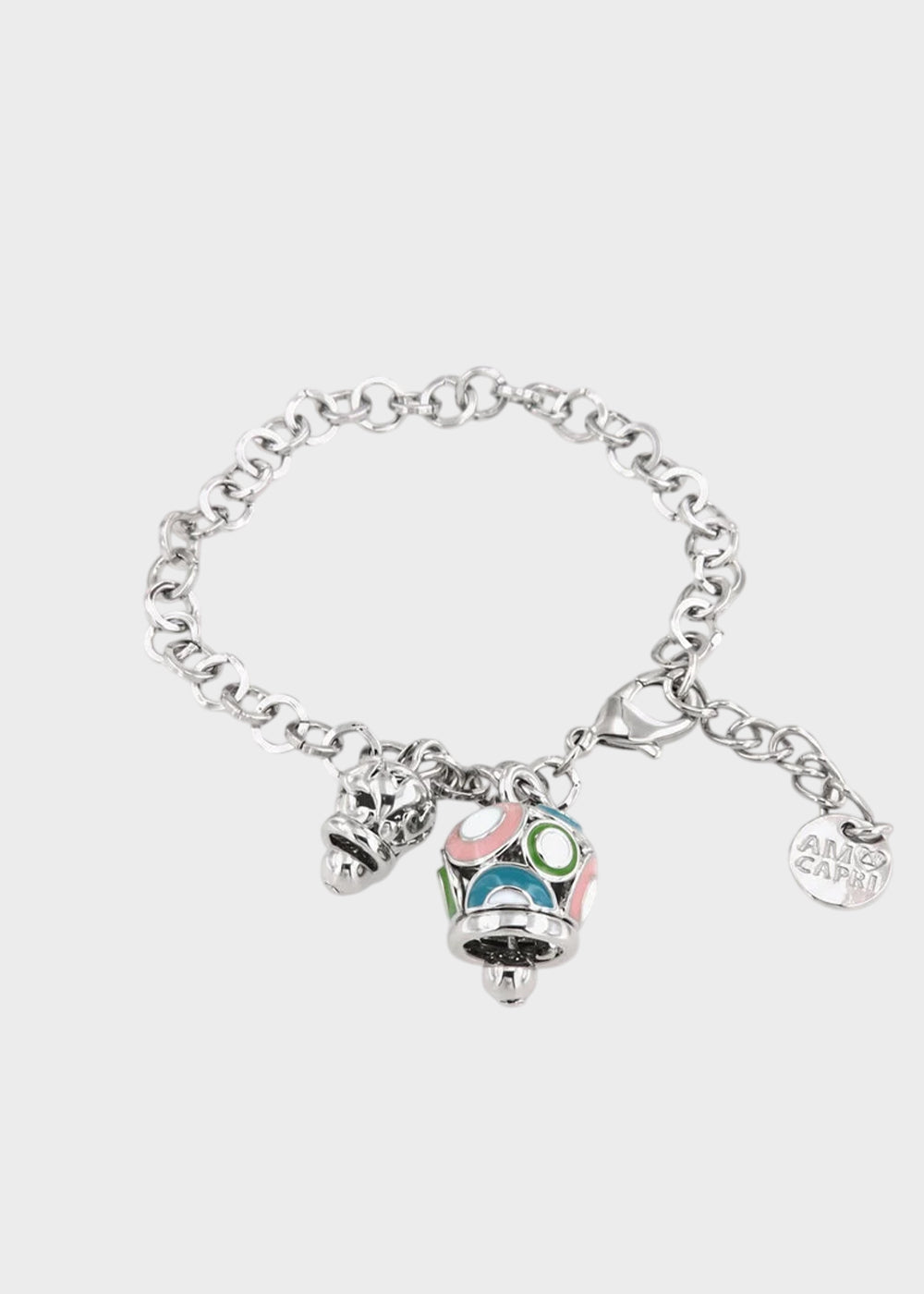 Bracciale in Metallo color argento con campana colorata e campanella traforata a cuori