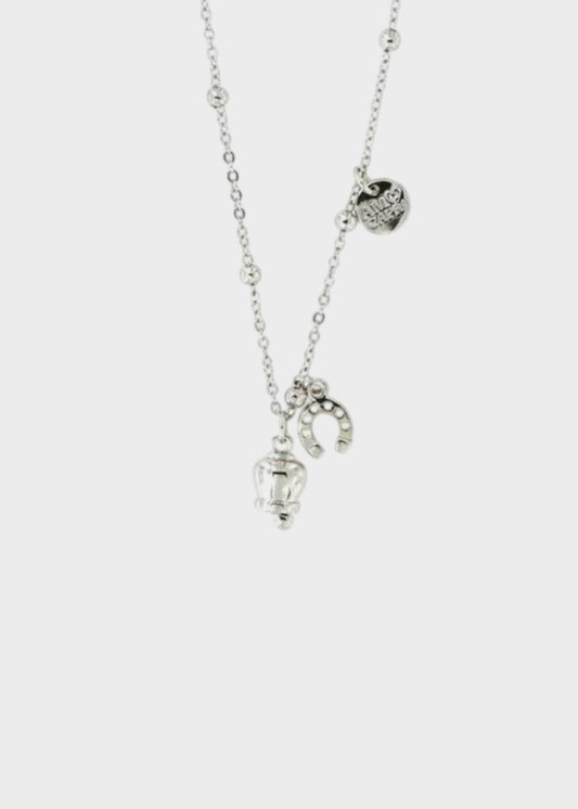 Collana in Metallo color argento con campanella e ferro di cavallo