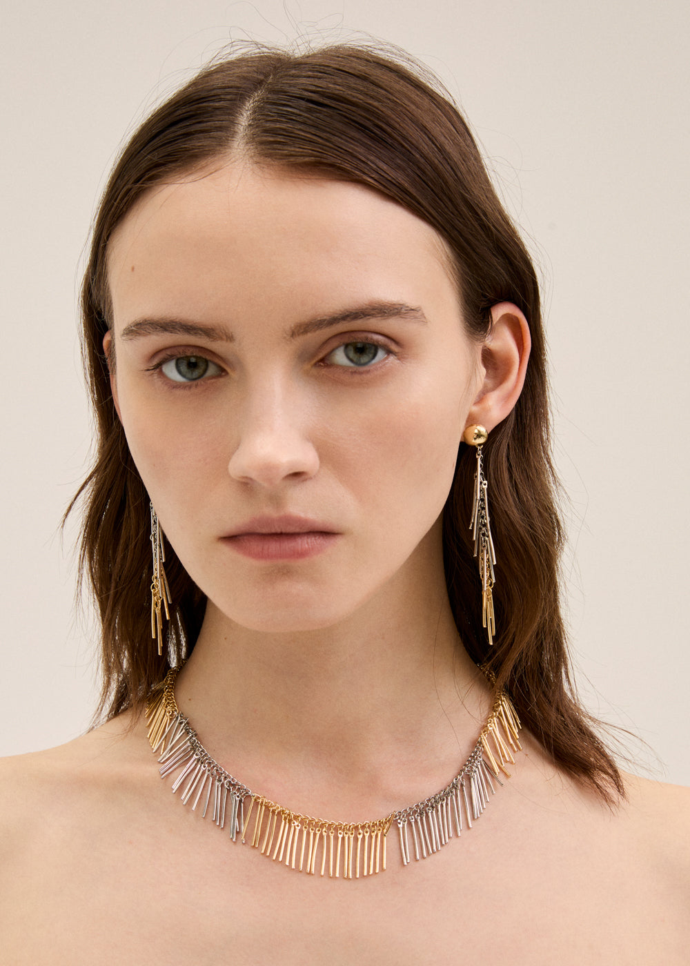 Long two-tone fringe earrings