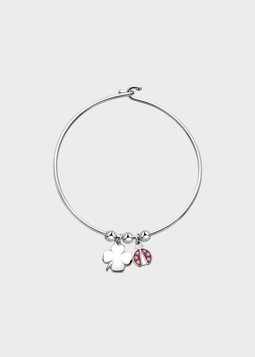 Bracciale rigido Feelings in acciaio con sfere e pendenti a forma di quadrifoglio e coccinella con smalto rosso e cristalli