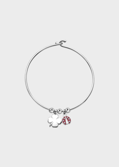 Bracciale rigido Feelings in acciaio con sfere e pendenti a forma di quadrifoglio e coccinella con smalto rosso e cristalli