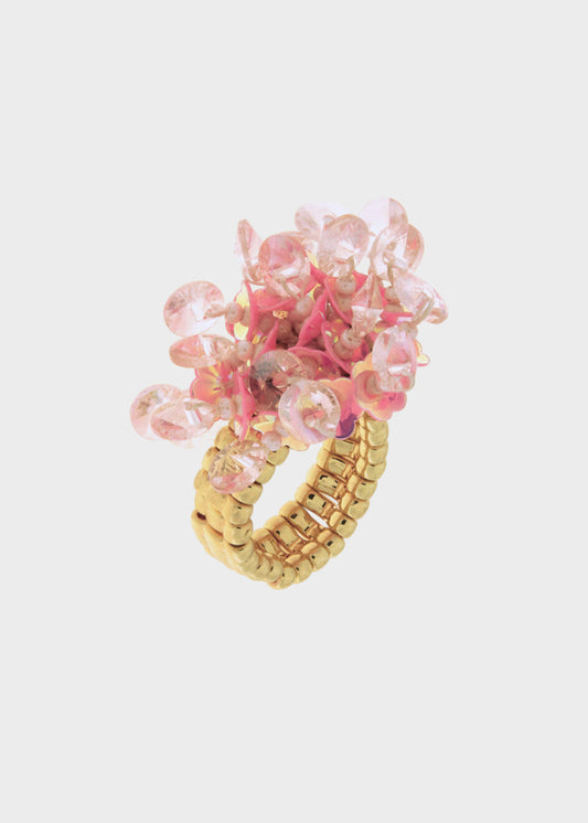 Anello elastico in Metallo color oro con fiori rosa