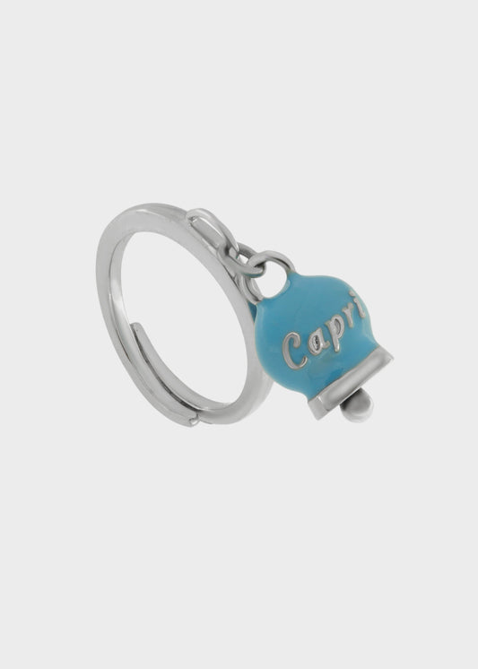 Anello in Acciaio color argento con campanella pendente azzurra con scritta Capri
