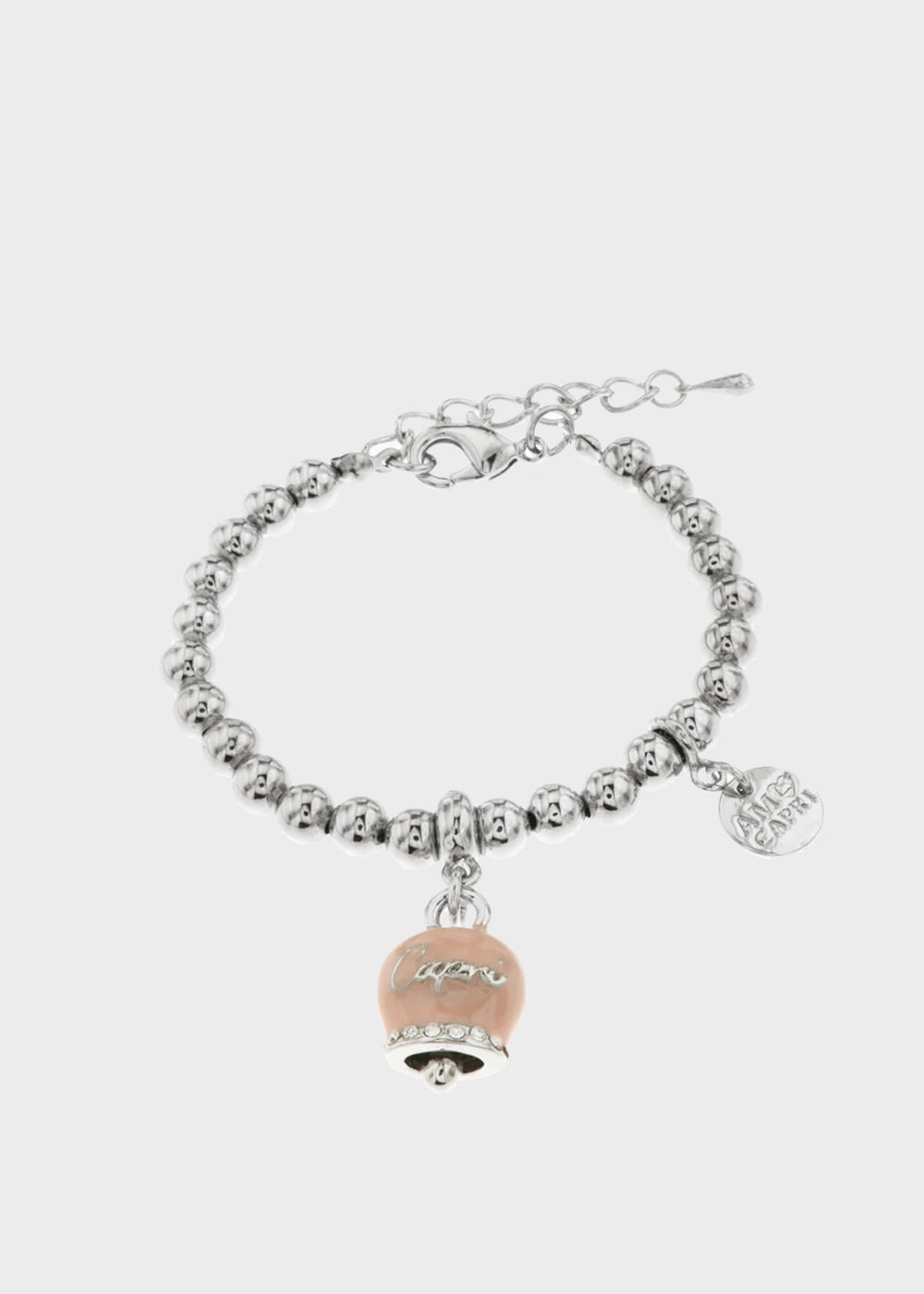 Bracciale in Metallo color argento con maglia a sfere e campanella Capri rosa antico