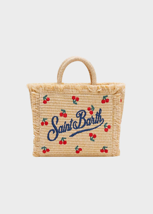 Borsetta da mare piccola Vanity Mini Cherry con tracolla in tessuto effetto paglia