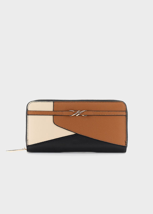 Zip around wallet, leather effect with patchwork workmanship and logo
