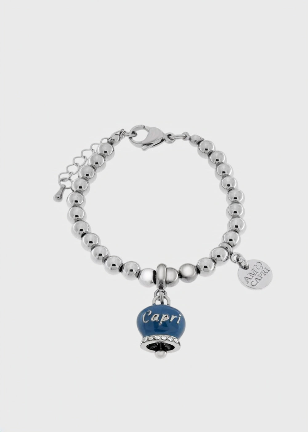 Bracciale in Acciaio a sfere color argento con campanella blu cobalto con scritta Capri-1